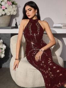 Modelyn 奢华亮片刺绣女士优雅修身奢华连衣裙 - 酒紅色 - 查看 7
