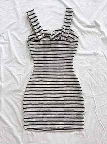 Soleia Casual Vacation Western Beach Wedding Guest Graduation Brunch Dress, Elegant Boho Tropical Striped Twist Mini Dress, Suitable For St. Patrick's Day, Spring Break, Easter, Music Festivals Striped Dress Knit Dress Summer Dress Bodycon Dress Black And White Striped Dress