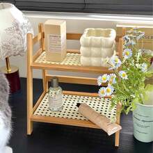 SHEIN 竹制双层置物架，双层台面书架，立式实用储物架，架子花盆，调味品收纳架 - 原木色 - 查看 6