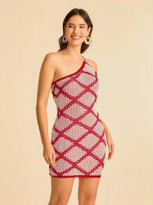 CAJUNI 女式波西米亚热带假日休闲红白钩针挂脖连衣裙