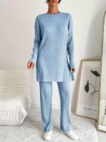 EURMUSE 100%Cotton Drop Shoulder Split Hem Tee & Pants - Baby Blue - View 4