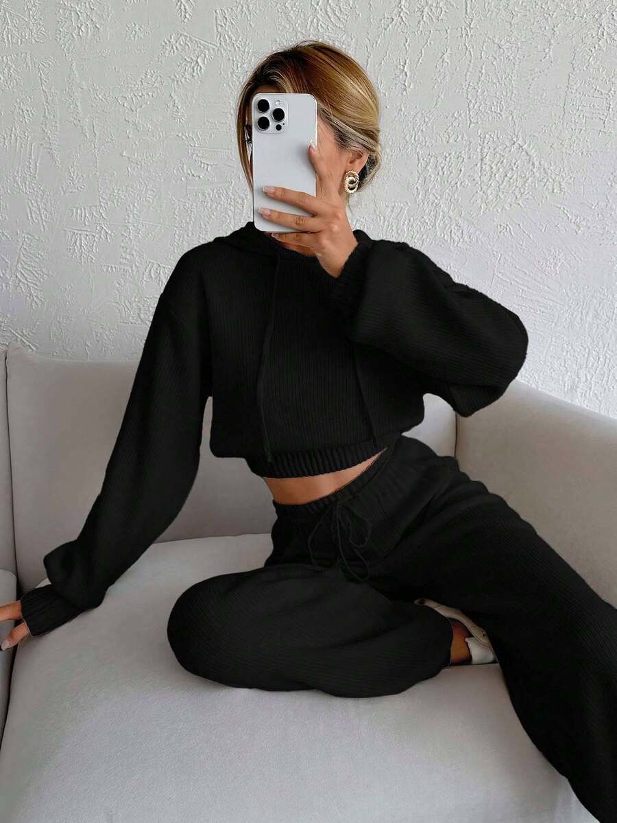 EURMUSE Hodie Sweater And Joger Pant 2 Pcs S ,Petite Women - Black - View 1