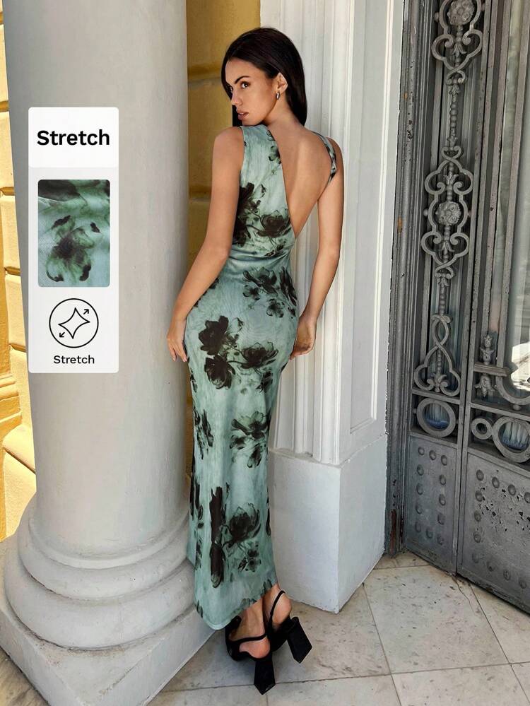 SHEIN Maija Green Base Asymmetrical Print Asymmetric Backless Design Sleeveless Dress, Fashion Women's Dress For Urban Festival And Party, Autumn/Winter