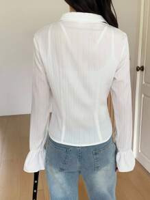 少女法式腰部荷叶边长袖休闲衬衫，适合夏季日常时尚穿着 - 白色 - 查看 2