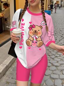 SHEIN Leap Crew 2 件套青少年女孩休闲可爱卡通水豚、蝴蝶结、草莓色拼布短袖宽松 T 恤和紧身裤夏季服装，适合青少年女孩服装、返校服装 - 彩色 - 查看 2