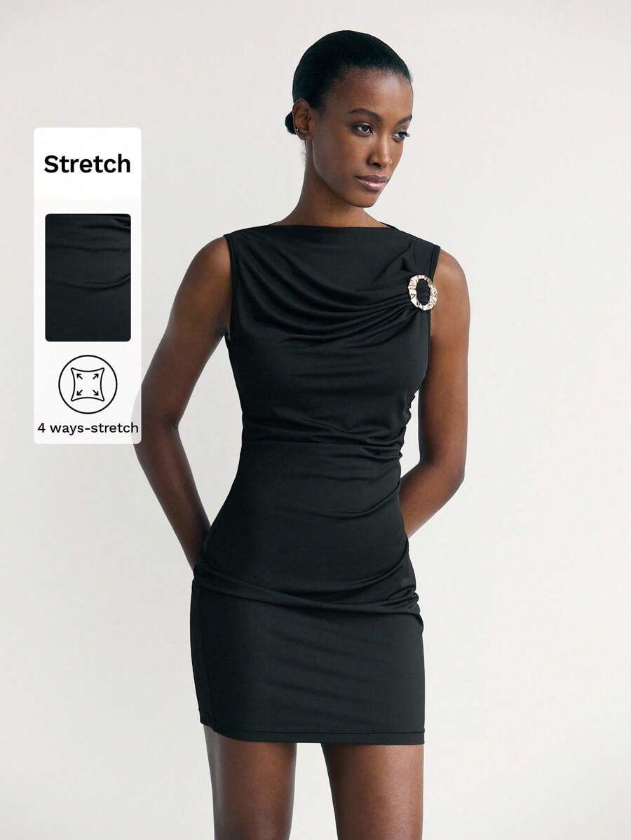 Maija Women's Black Ruched Sleeveless Dress,Metal Accent Round Neck Fitted Dress,Business Casual Office Wear,Old Money Style Urban Commuting Dress - Black - View 1
