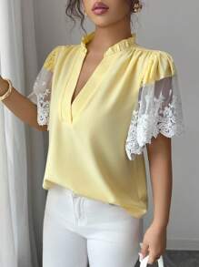 Elenzga 女士时尚蕾丝拼接袖V领衬衫 - 黃色 - 查看 5