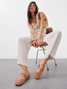 SHUZIA Women's Casual Elegant Square Toe  Comfortable Woven PU Ballet Flats - Camel - View 1