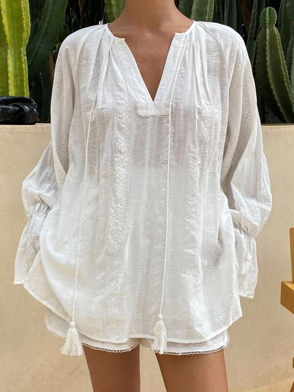 Livesso Women's V-Neck Tie Waist Loose Shirt And Shorts 2 Pieces Set, Summer