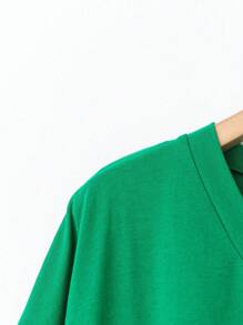 EMERY ROSE Women's Loose Casual Solid V-Neck Drop Shoulder T-Shirt - Green - View 4