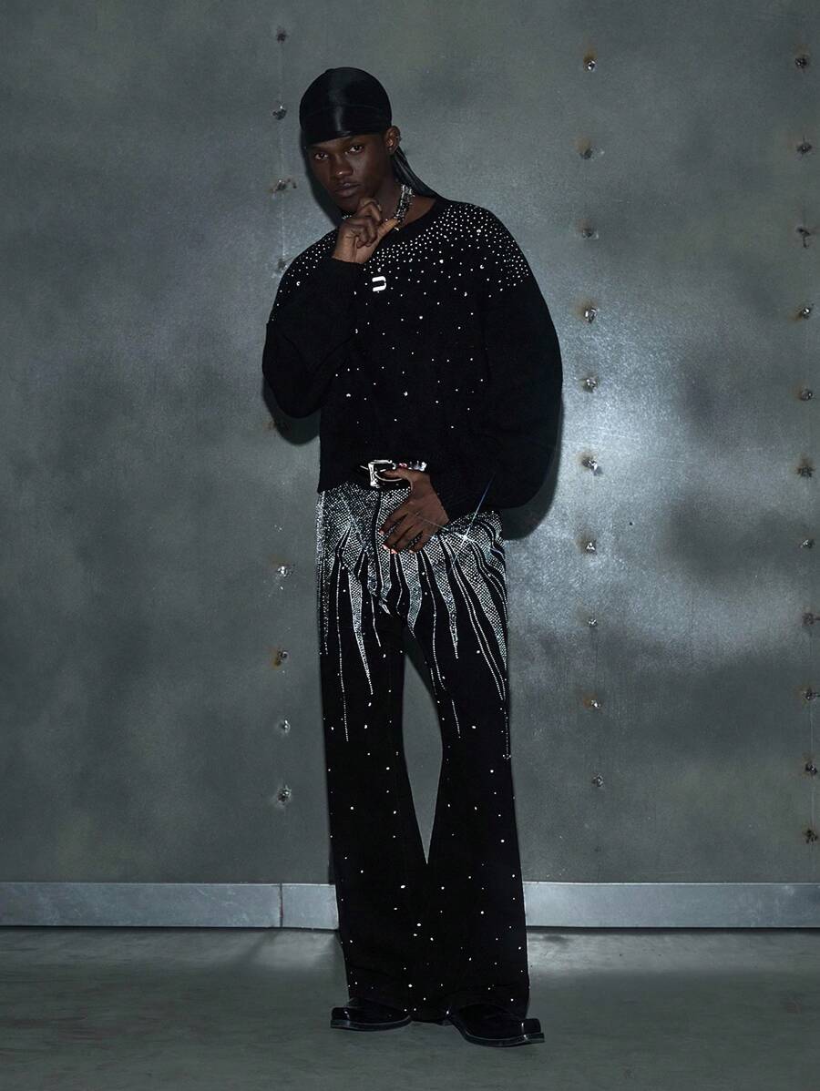 NEON BLANC 男士休闲时尚黑色针织串珠圆领长袖上衣，适合秋冬