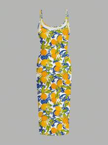 SHEIN EZwear 休闲简约全印花柠檬紧身吊带裙，适合夏季 - 彩色 - 查看 6