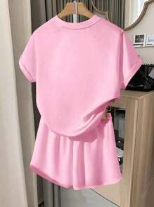SHEIN 2 件套女士优雅蝴蝶结水钻亮片装饰运动风短袖上衣和短裤 - 粉色 - 查看 2