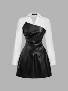 SHEIN MOD Christmas Plus Size Women's Long Sleeve PU Colorblock Mini Ruffle Fashion Short Dress, Black And White Dress Women, Faux Leather Dress, Collared Dress,2 In 1, Long Sleeve