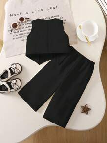 2pcs/Set Baby Girls Urban Elegant Cute Minimalist Black Camisole & Loose Waist Drawstring Pants Set, Summer - Black - View 2