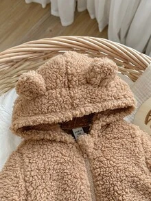 Newborn Baby Girls' Fluffy Solid Color Hooded Romper, Autumn/Winter Fall