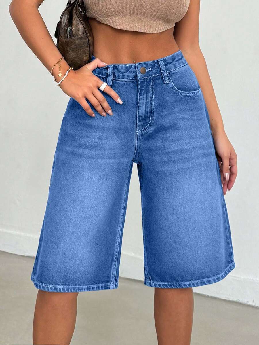 EURMUSE 100%Cotton VINTAGE WASH OVERSIZE LONG SHORT - Light Wash - View 1