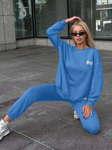 EURMUSE Ensemble de Sweat-shirt et pantalon de jogging en coton pour femmes, style décontracté, avec motif lettre et épaules dénudées - Bleu ciel - Voir 5