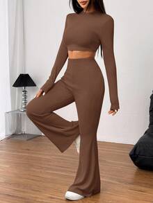 SHEIN EZwear 2件套女士休闲纯色针织圆领长袖短款上衣和高腰喇叭裤套装 - 棕色 - 查看 5