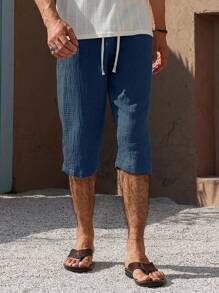 VENTUSAIL Quần Capri cotton trơn màu có dây rút cho nam, quần Capri ngắn có dây rút cho nam, quần short dài cho nam, quần đi biển cho nam, quần mùa hè cho nam, quần short thường ngày cho nam - Màu xanh hải quân - Xem 4