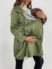 SHEIN Autumn And Winter  Pregnant Women's Solid Color Long Sleeve Zipper Design Drawstring Waist Hooded 3-In-1 Casual Jacket