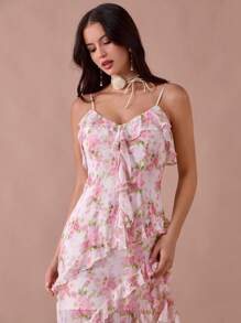 Enchnt Fall/Summer Romantic Women's White&Pastel Pink Rose Print Spaghetti Straps Ruffle Hem Mermaid Maxi Dress - Multicolor - View 3
