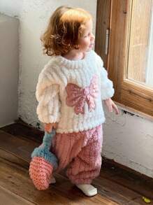 SHEIN 女婴幼儿 0-3 岁可爱休闲家居羊毛蝴蝶结图案粉色服装套装，圆领运动衫上衣 + 裤子套装，毛绒冬季服装套装 - 綠色 - 查看 1