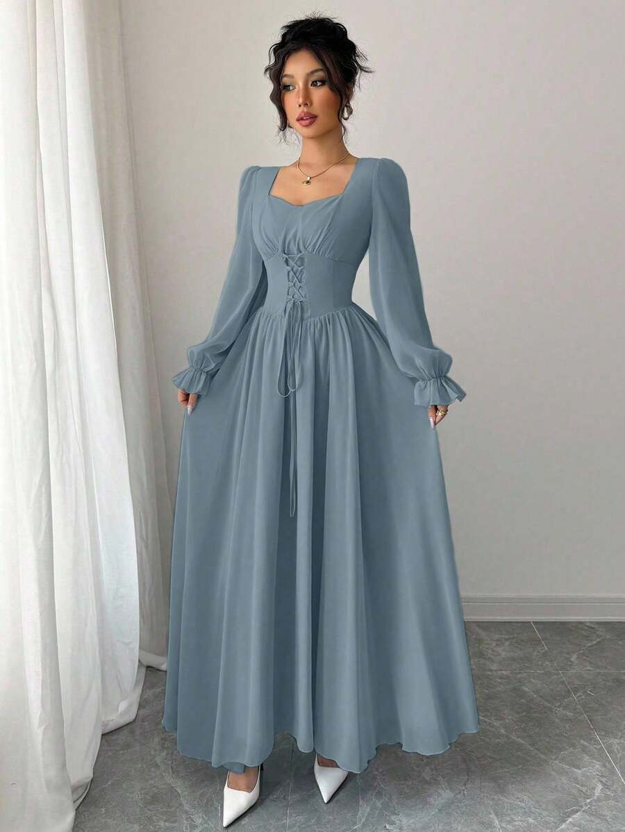 Modelyn Gaun Elegan Gaya Prancis Warna Polos dengan Ikat Pinggang Silang untuk Musim Gugur, Pakaian Liburan Wanita, Biru Muda Pucat - Dusty Blue - View 1