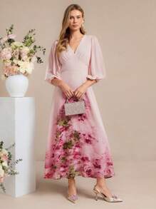 Amorya Women's Elegant V-Neck Waist Gathering High-End Slimming Chiffon Placement Print Long Dress, Suitable For Daily Outings, Vacation & Multi-Occasions, Autumn