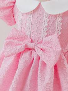 Glamorique Kids 女婴公主裙，生日派对婚礼节花童裙，白色领子，粉色提花玫瑰，泡泡袖，大蝴蝶结，白色蕾丝，适合所有季节