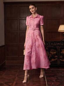 ZEYLAH Women's Floral Jacquard Puff Sleeve Elegant Long Shirt Dress - Pink - View 5