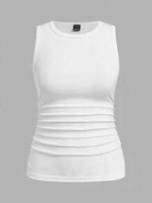 SHEIN LUNE 2pcs Women's Round Neck Tight Ribbed High Elasticity Waist Ruched Camisole, Suitable For Summer Ribbed Tank Top Back To School - Multicolor - View 6