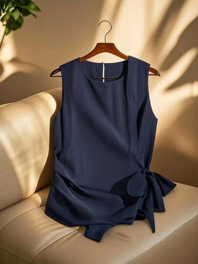 GlowEve 优雅精致的休闲/通勤缎面束腰无袖衬衫