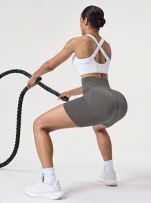 SHEIN Sports 女式高腰条纹休闲健身运动短裤 - 深灰色 - 查看 4