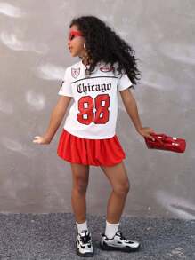 Coolane Kids Dziewczęca luźna, minimalistyczna, duża, nadrukowana liczba, okrągły dekolt, krótki rękaw, luźna koszulka dla dziewcząt, odpowiednia na lato - Biały - Zobacz 4