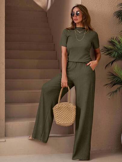 SHEIN Tall TALL SIZE TEXTURE SOLID COLOR TSHIRT & STRETCH ELASTICAL FIT WAIST STRAIGHT TEXTU PANT CO ORD SET