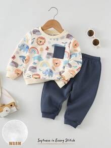 Cozy Pixies 2件套男婴卡通动物印花柔软针织圆领长袖套头卫衣和松紧腰裤套装，婴儿冬季服装套装，婴儿动物印花套装，男婴冬季套装，男婴秋季冬季服装 - 杏色 - 查看 7