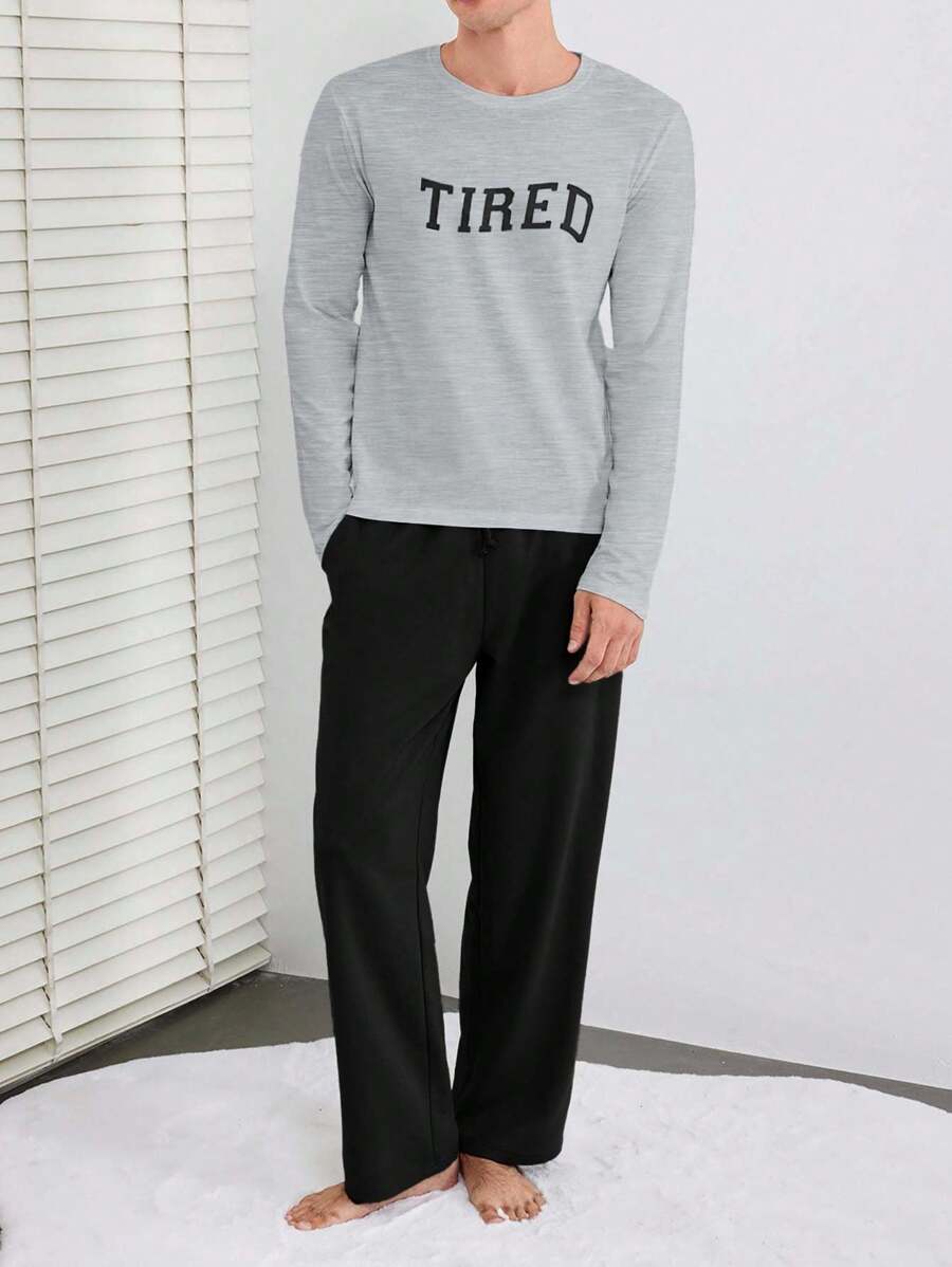 EURMUSE 100%Cotton Men Letter Graphic Tee & Pants PJ Set - Navy Blue - View 1