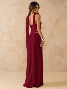 SHEIN BAE 2 件套女士纯色粉色褶皱抹胸上衣和低腰褶皱荷叶边长裙，沙滩装，夏季服装，波西米亚风格露背连衣裙，音乐会礼服，伴娘礼服 - 酒紅色 - 查看 2