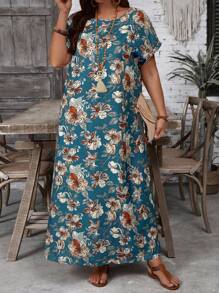 EMERY ROSE 大码女式花卉印花圆领蝙蝠袖休闲度假连衣裙 - 藍色 - 查看 5