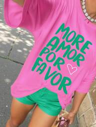 DrmWander Plus Size Dames Losse Casual Slogan Print Ronde Hals Korte Mouw T-shirt, Zomer