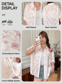 SHEIN LUNE Áo sơ mi ngắn tay mùa hè họa tiết cầu vồng jacquard dành cho nữ cỡ lớn, áo kiểu nữ cỡ lớn chống nắng và thời trang, cổ ve áo hơi trong suốt, áo kiểu đi biển dễ thương, áo kiểu ren. - Nhiều màu - Xem 9