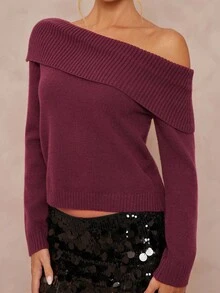 Lumalex Suéter casual de unicolor con hombros descubiertos para mujer, ideal para fiestas, banquetes, reuniones, festivales, vacaciones y bodas en temporada de otoño/invierno y primavera/otoño de lujo, ideal para fiestas de Navidad y Año Nuevo - Burdeos - Ver 7