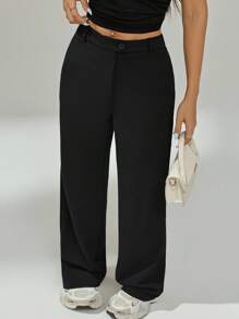 SHEIN PETITE Quần âu nữ co giãn màu trơn thanh lịch phù hợp cho mùa thu đông - màu đen - Xem 5