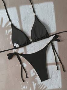 Swim SXY Summer Beach Women's Metal Clasp Halter Neck Bikini Set - Black - View 6