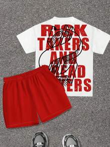 SHEIN 2 件青少年男孩休闲经典酷炫图案印花圆领短袖 T 恤和纯色印花短裤，适合夏季、街头服饰、运动 - 彩色 - 查看 5