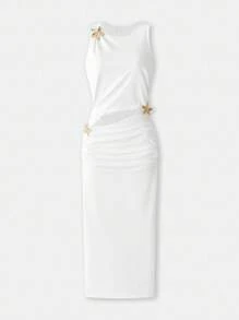 Maija Women's White Hollow-Out Design Dress, Versatile City Casual Modish Fashion, Comfortable Fitted With Front Split Cutout Minimalist Round Neck Sleeveless Business/Office Attire, Low-Key Elegant Urban Commuter Style, Match For Magazine Editor Pick, Social Events & Vacation Business Casual Women's Wear, Office Wear, Low-Key Old Money Style, Effortless Temperament, High-End Urban Commuting, The Same Style As The Editor-In-Chief Of The Magazine, Urban Social Vacation Party Wear, Charming, Low-Key And Durable Basic Style, Versatile And Not Picky Clothing, Street Fashion Wear, Clothing, Coffee Shop, Relaxed Wear,Business Casual Woman - White - View 9