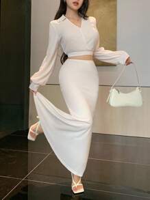 Modelyn 2 件套女式纯色长袖短款上衣和鱼尾下摆半身裙套装 - 米色 - 查看 8