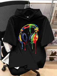 SHEIN Leap Crew Teen Boy Casual Graphic Print Short Sleeve Hoodie T-Shirt,Black Summer Streetwear Beach Music Headphone Graphic Hoodies Tee,Graphic Tshirts Hoodies - Black - View 1