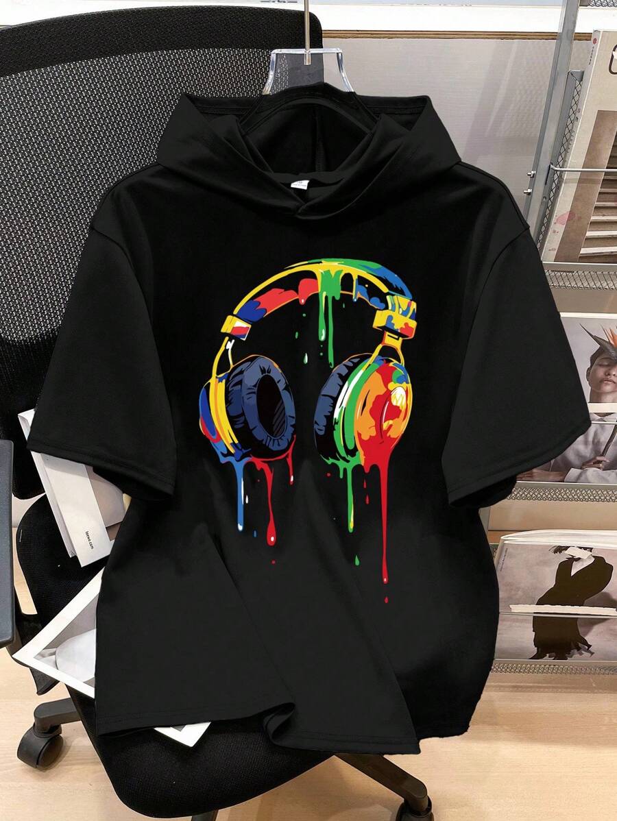 SHEIN Leap Crew Teen Boy Casual Graphic Print Short Sleeve Hoodie T-Shirt,Black Summer Streetwear Beach Music Headphone Graphic Hoodies Tee,Graphic Tshirts Hoodies - Black - View 1